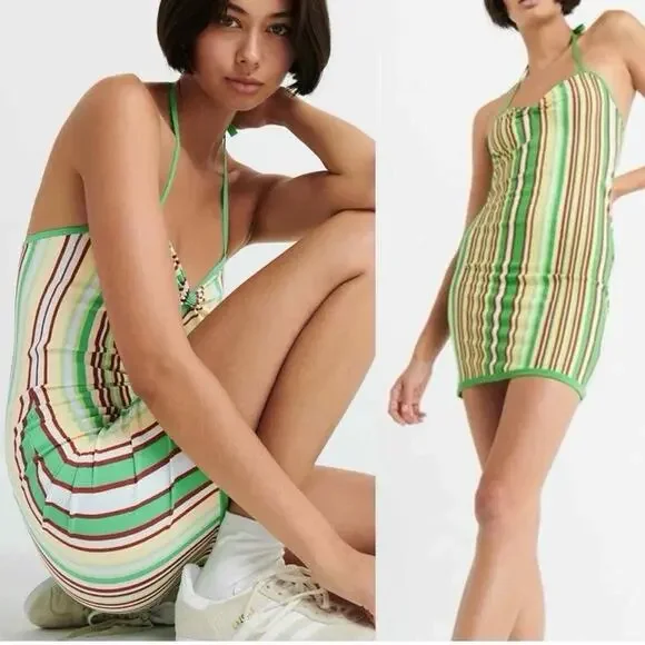 Sunday Best Aritzia Jett Stripe Halter Mini Dress S Retro Bodycon Rave Festival - Picture 1 of 10